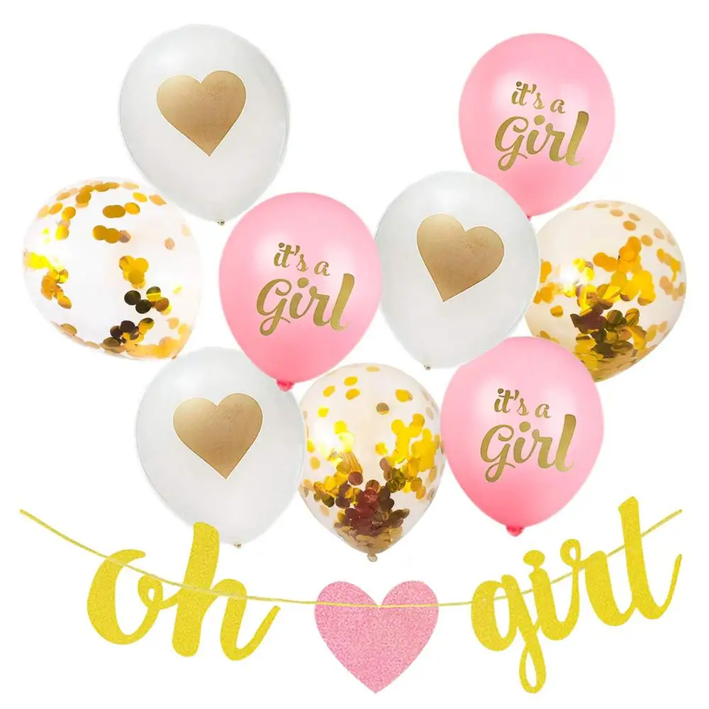 13Pcs Baby Girl Shower Party Decorations Set Includes Oh Girl Banner Pink Its a Girl Balloons Confetti Gold Heart Balloons
