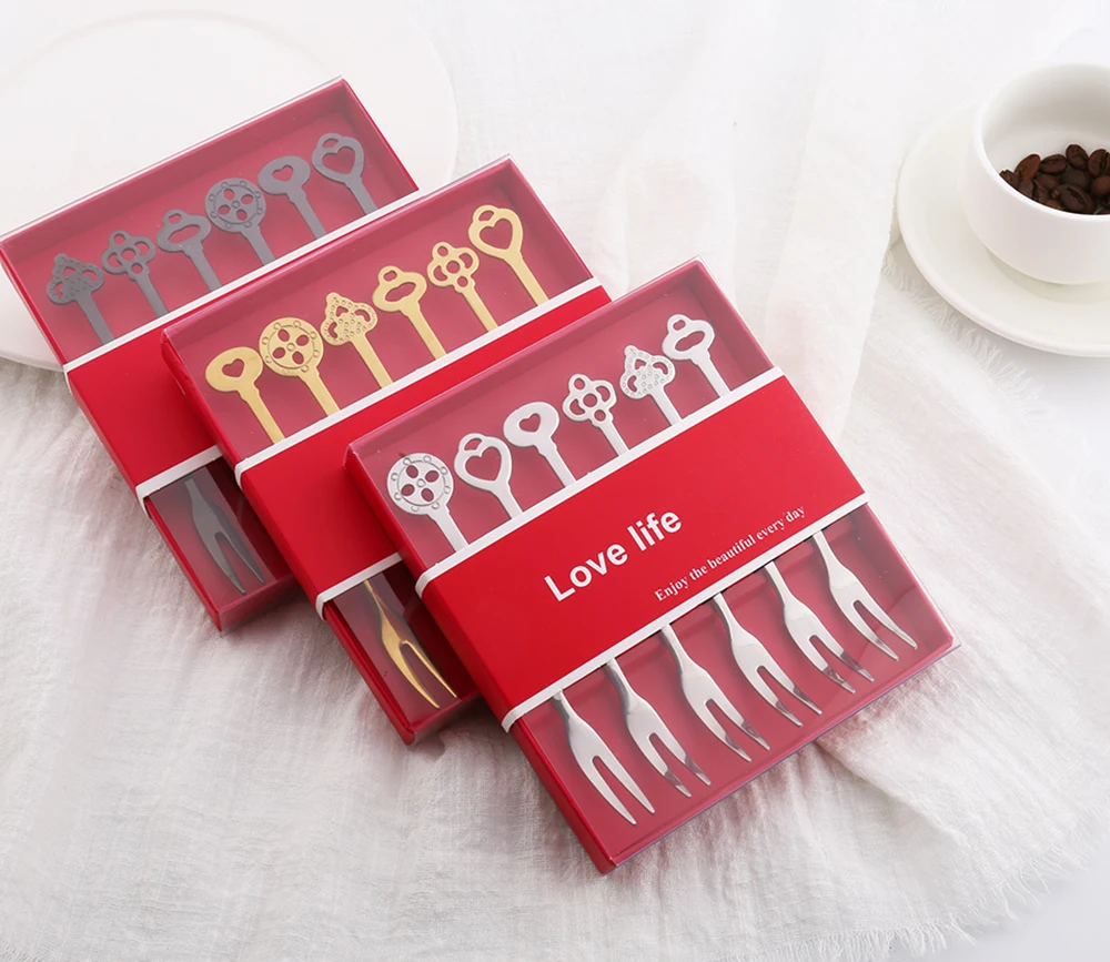 
6Pcs stainless steel fork gift box two teeth cake dessert fruit fork set 
