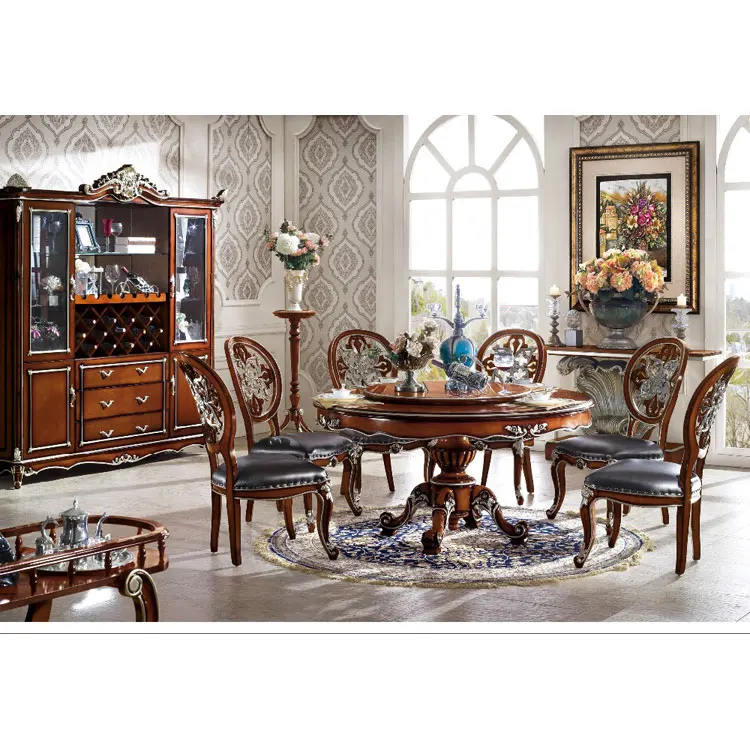 Baroque luxury wooden rotating round tables unique design round dining table and chairs with lazy susan