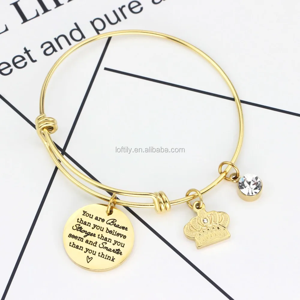 Inspirational Charm Bracelet Adjustable Bangle Gift for Women Girl Sister Mother Friends, Stainless Steel Expandable Cuff Charms