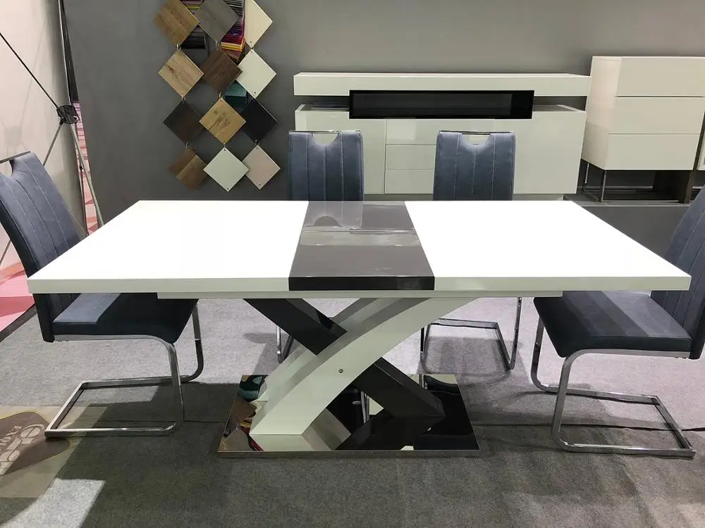 Helen wholesales cheapest high gloss new model white powder coating MDF top adjustable expandable dining table with cross leg