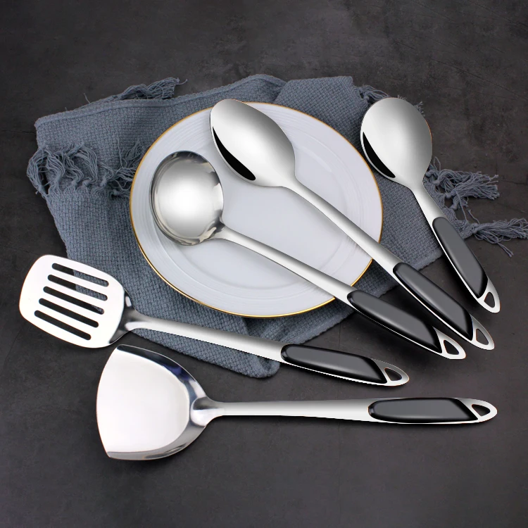 
Eco-friendly Reusable Black Plastic Handle Stainless Steel Kitchen Utensils Set Kitchenware Home Cuisine Cooking Tool 