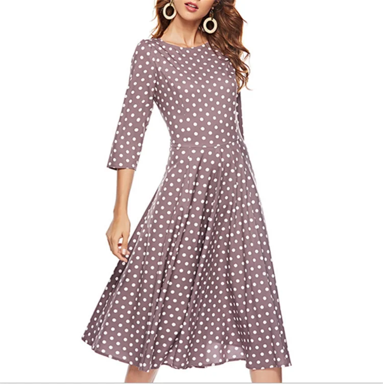 Vintage Polka Dot Three-point Sleeve Dress Hepburn Style Elegant A-line Dress In Stock