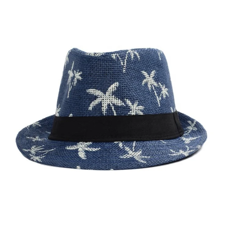 paper straw Coconut tree printed fedora hat sun hat beach hat