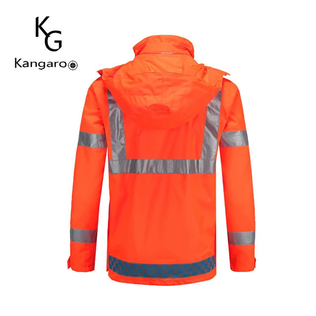 Fluorescent Orange reflective waterproof High visibility hooded Raincoat