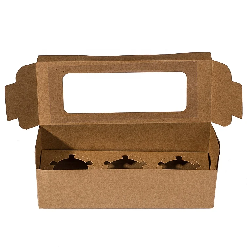 Kraft Paper 3 cavity Cupcake Boxes With clear window