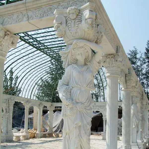 Custom outdoor garden big natural stone carving white marble gazebo with metal roof NTMG-280S