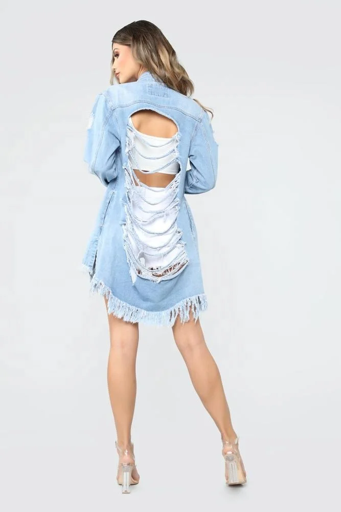 KY Buttons For Clothing Denim Jacket Women Wash Distressed Long Sleeve Dresses Knee Length