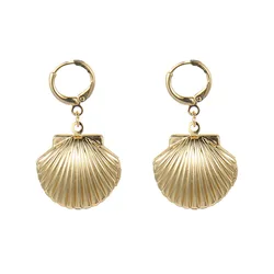 Latest Design Real Gold Plated Metal Seashell Pendant Clip On Earrings Fashion Brass Can Open Shell Dangle Earrings For Lady