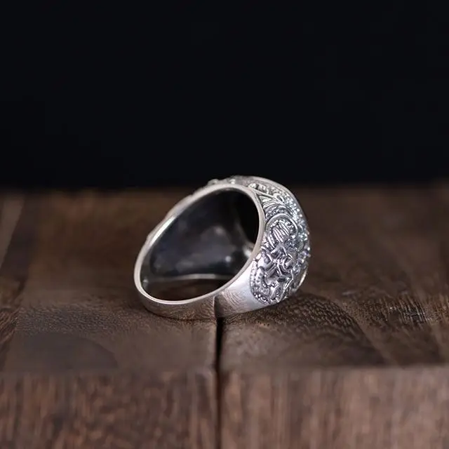 Wholesale 925 pure silver relief pattern inlaid Black Agate silver jewelry rings for men Anillos