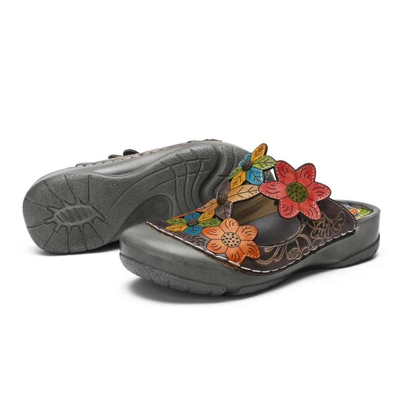 
Fashion floral flower pattern genuine leather comfortable flat casual shoes slipper sandal for woman lady girl spring autumn 
