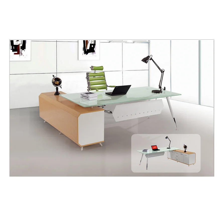Стеклянный угловой офисный стол L-образной формы с выдвижным ящиком и книжной полкой