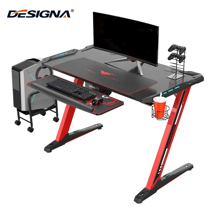 
DESGINA Led light black color Z shape pc gaming desk for e-sports 