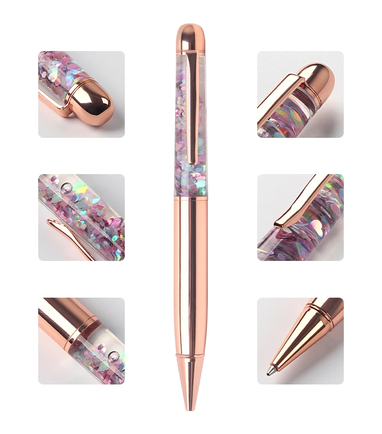 New fashion design custom logo liquid glitter floating ball pen metal gift pen for woman