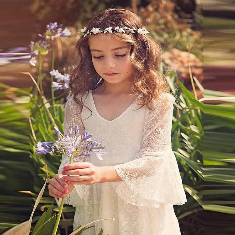 V Neck Ivory Bohemian Lace Children Flower Girl Dress