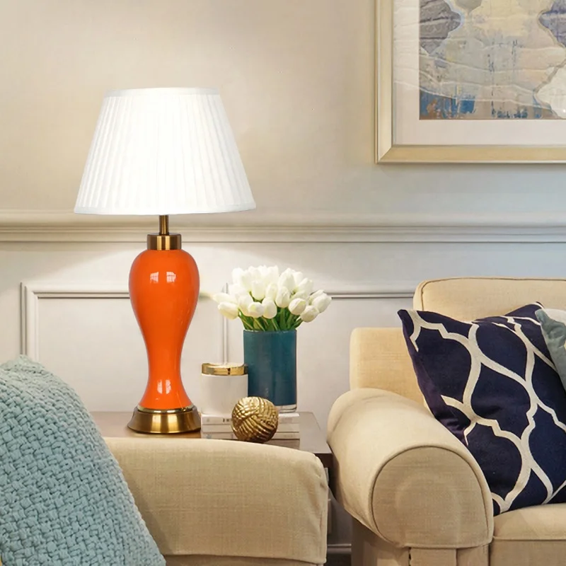 
Jingdezhen design table lamp for bedside classic ceramic table light with yellow orange for decor in living room E27 holder 