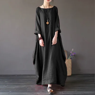 Wholesale Fashionable Personalized Soild Color Plus Size Long Sleeve Boho Dress Cotton Casual Loose Maxi Dresses