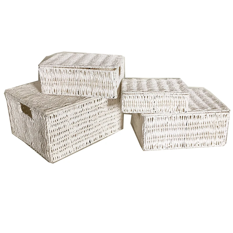 Woven Paper Rope Cube Baskets With Lid Set 4 For Closet Shelves Hamper