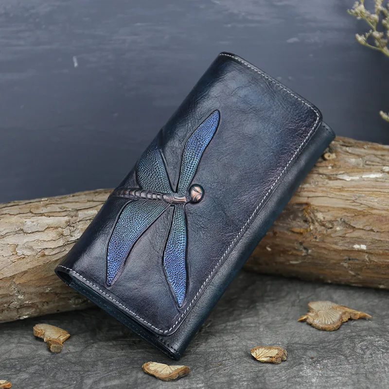 
2021 New Arrivals Manual Retro Long Woman Wallets Bifold Wallet Leather Genuine Cow Leather Female Purse Ethnic Style Clutch Bag 