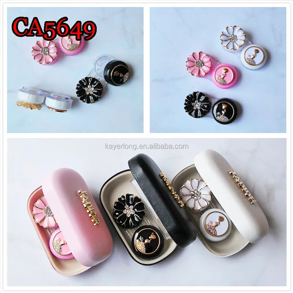 contact lens case luxury diamond flower and girl deco pu cover iron travel box CA5649
