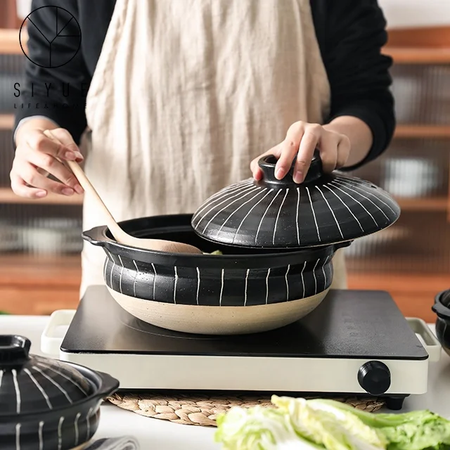 Керамическая кастрюля, японские глиняные кухонные кастрюли, кухонные кастрюли для супа, наборы посуды, домашняя Горячая кастрюля, черные кастрюли с крышкой 1145