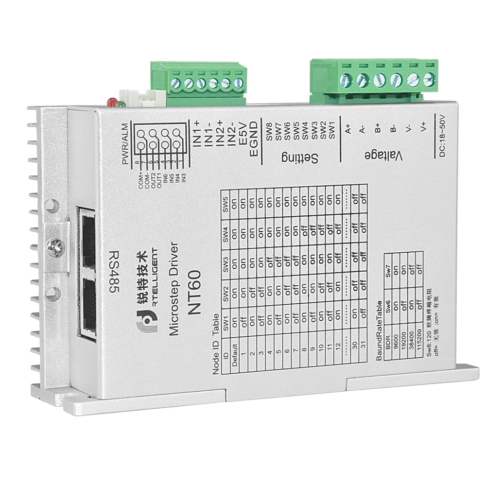 RS485 Modbus 2 phase 5A 24 - 50VDC open loop digital nema 23/24 stepper driver with intelligent motion controller