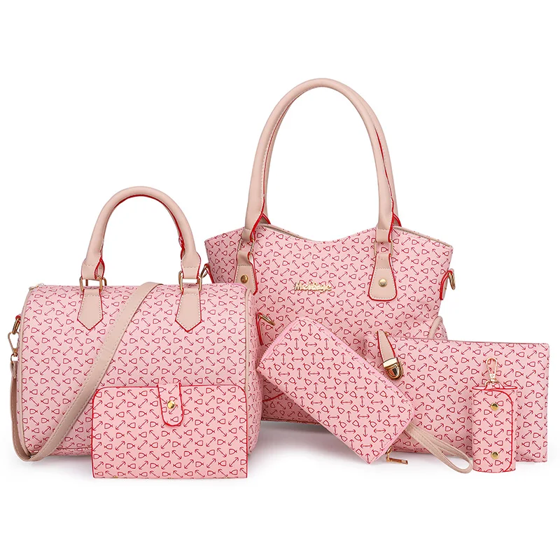 China Custom Printing Ladies Handbag Set 6pcs In 1 Metal Hardware Crosshatched Leather Women Bag Purse Handbag Manufacturing