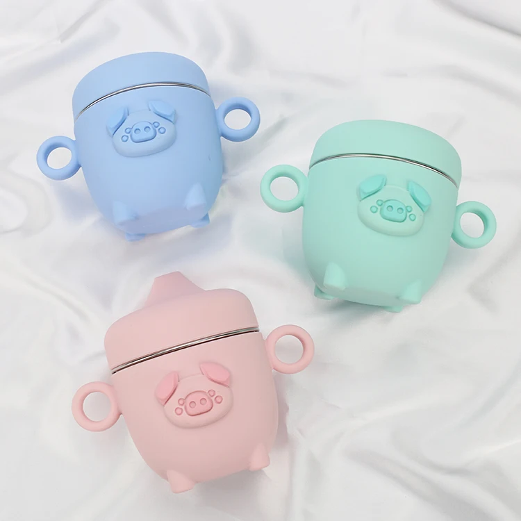 Children tableware cartoon mouth cup baby pig silicone 304 stainless steel Korean water cup with handle lid