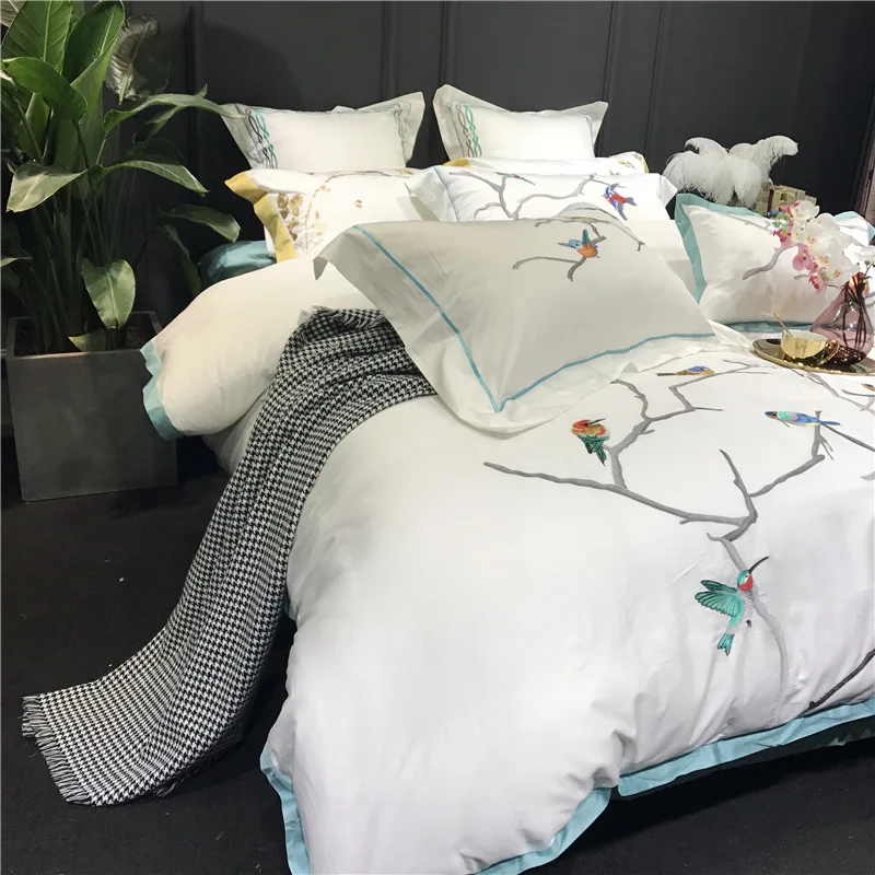 Bird embroidered bedding sheet sets 100% cotton