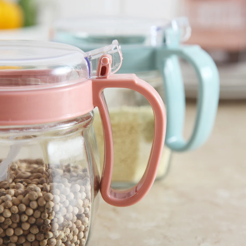 Hot sale kitchen 3 in 1 salt pepper sugar spice box 350ml condiment container glass seasoning jar set with spoon and stand
