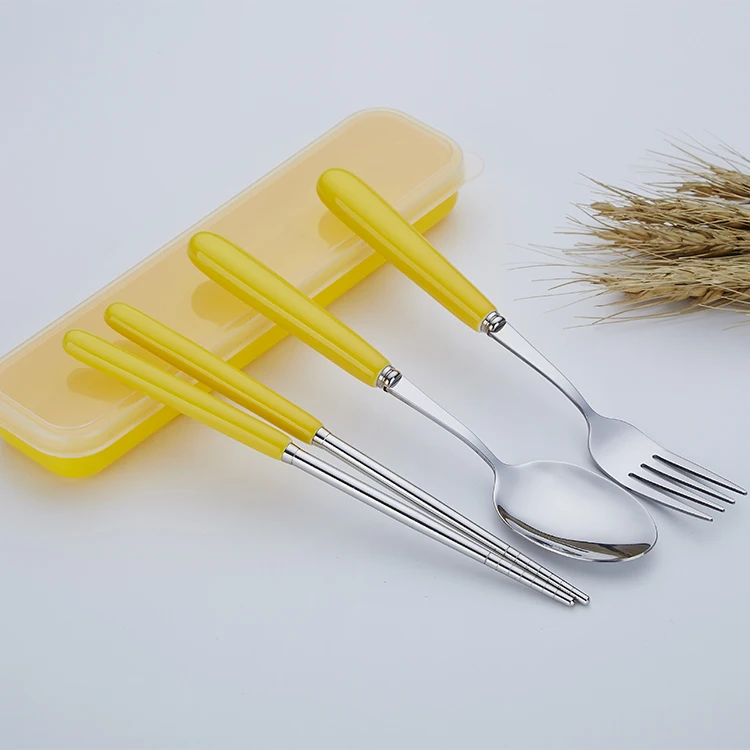 food grade portable travel cutlery stainless steel chopsticks fork and spoon set with color ceramic handle