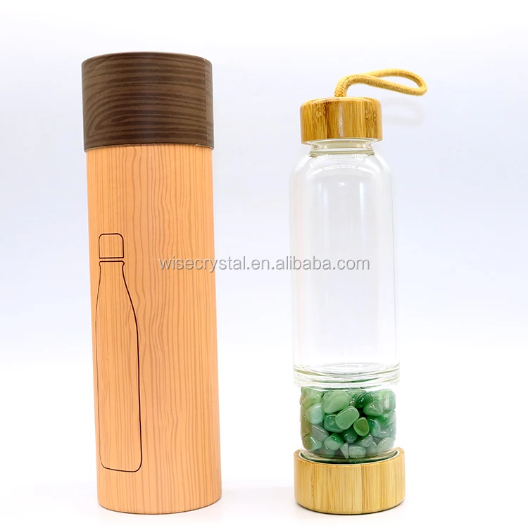 
Glass Drinking Bottle healing water bottle crystal gemstone with Bamboo Lid for gift 