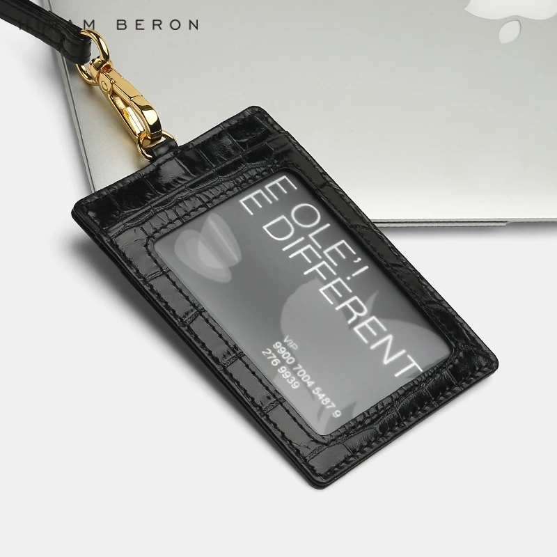 Hiram Beron Italian Cow Leather Name Tag ID Card Holder Lanyard