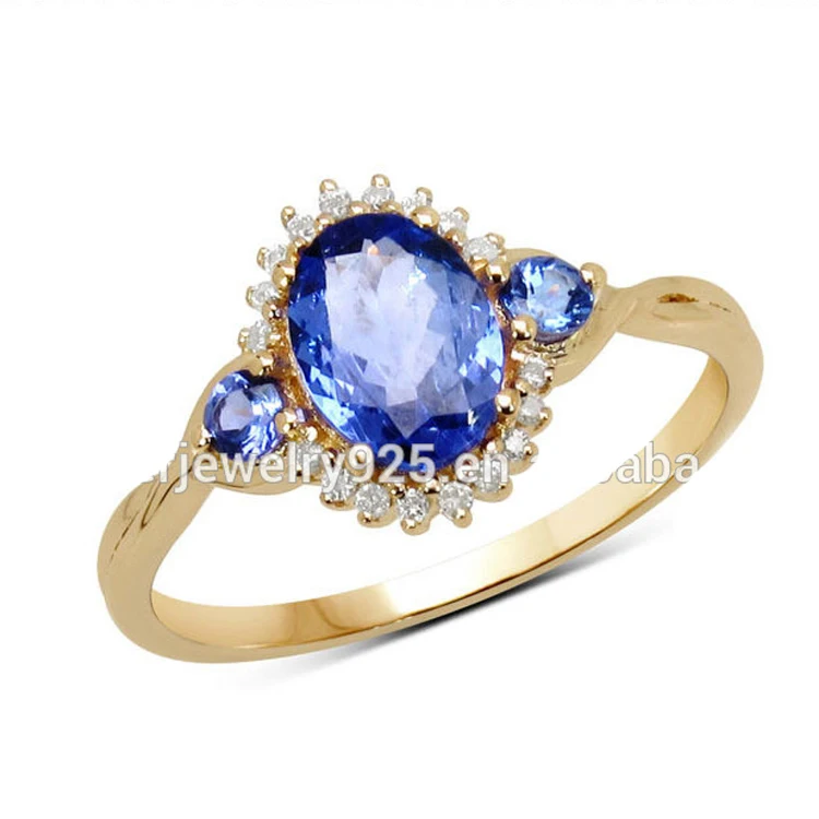 14K Gold Sterling Silver Tanzanite Sapphire Diamond Ring