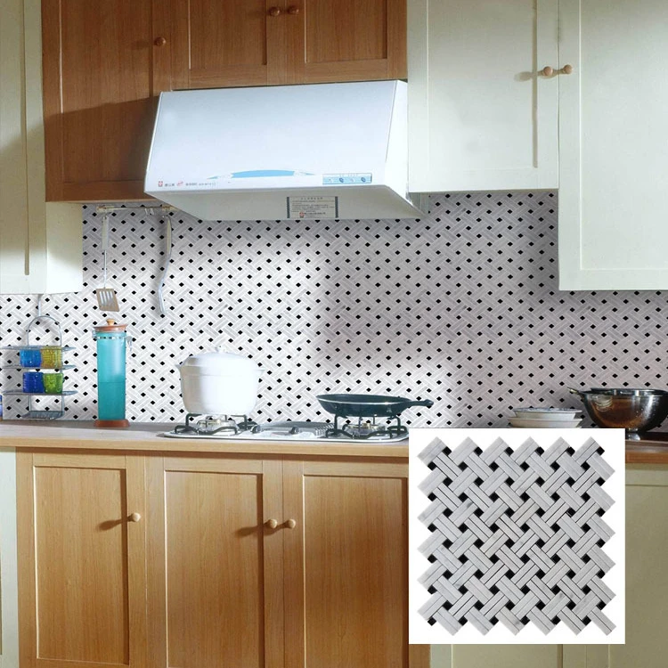 low price carrara white basketweave with black dots marble mosaic tile