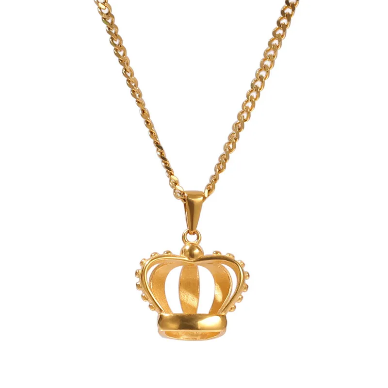 HipHop Stainless Steel Hollow Gold Plated Crown Pendant Necklace Chain for Men Women