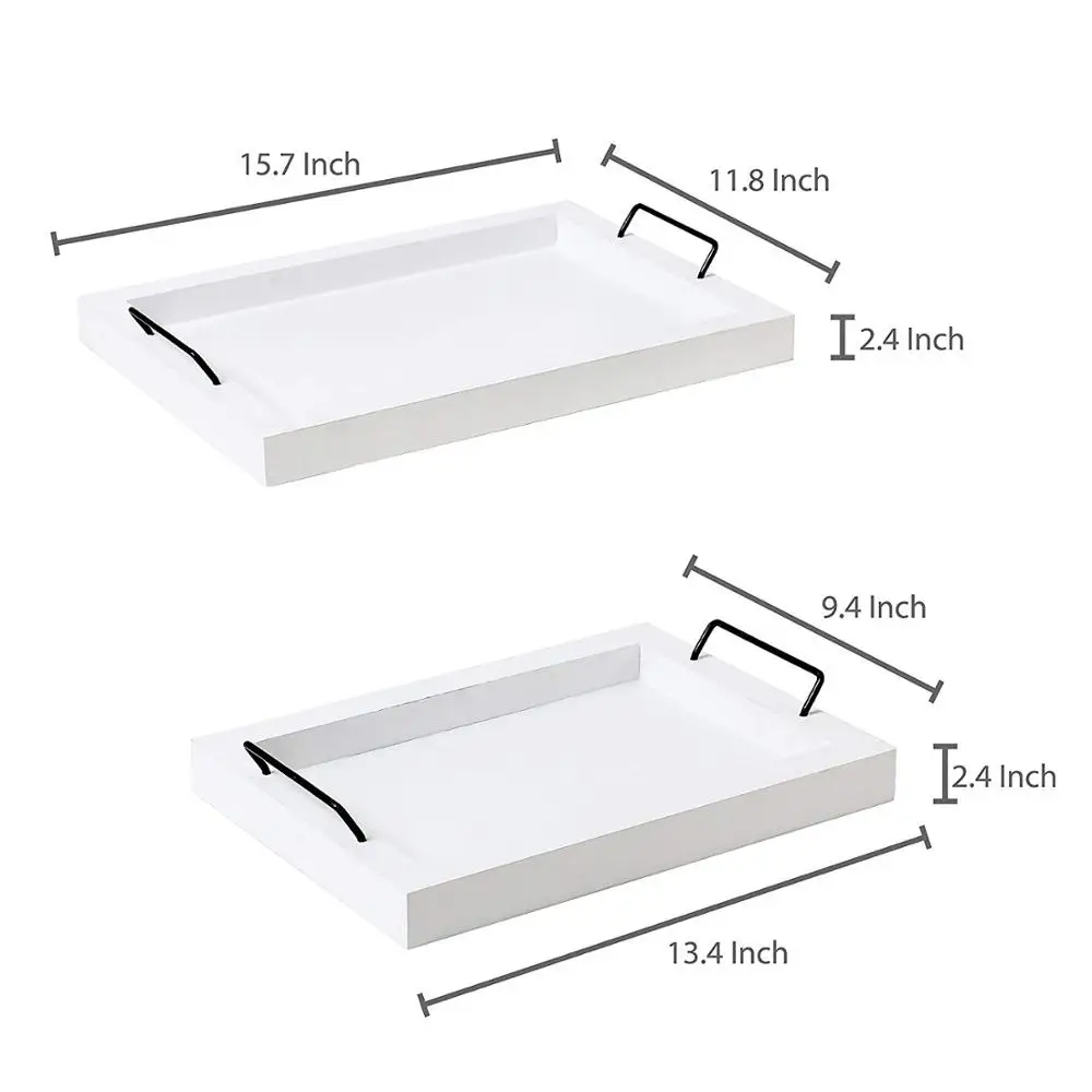 Set of 2 Country Rustic Vintage White Decorative   Wood Rectangular Nesting Serving Trays With Metal   Handles