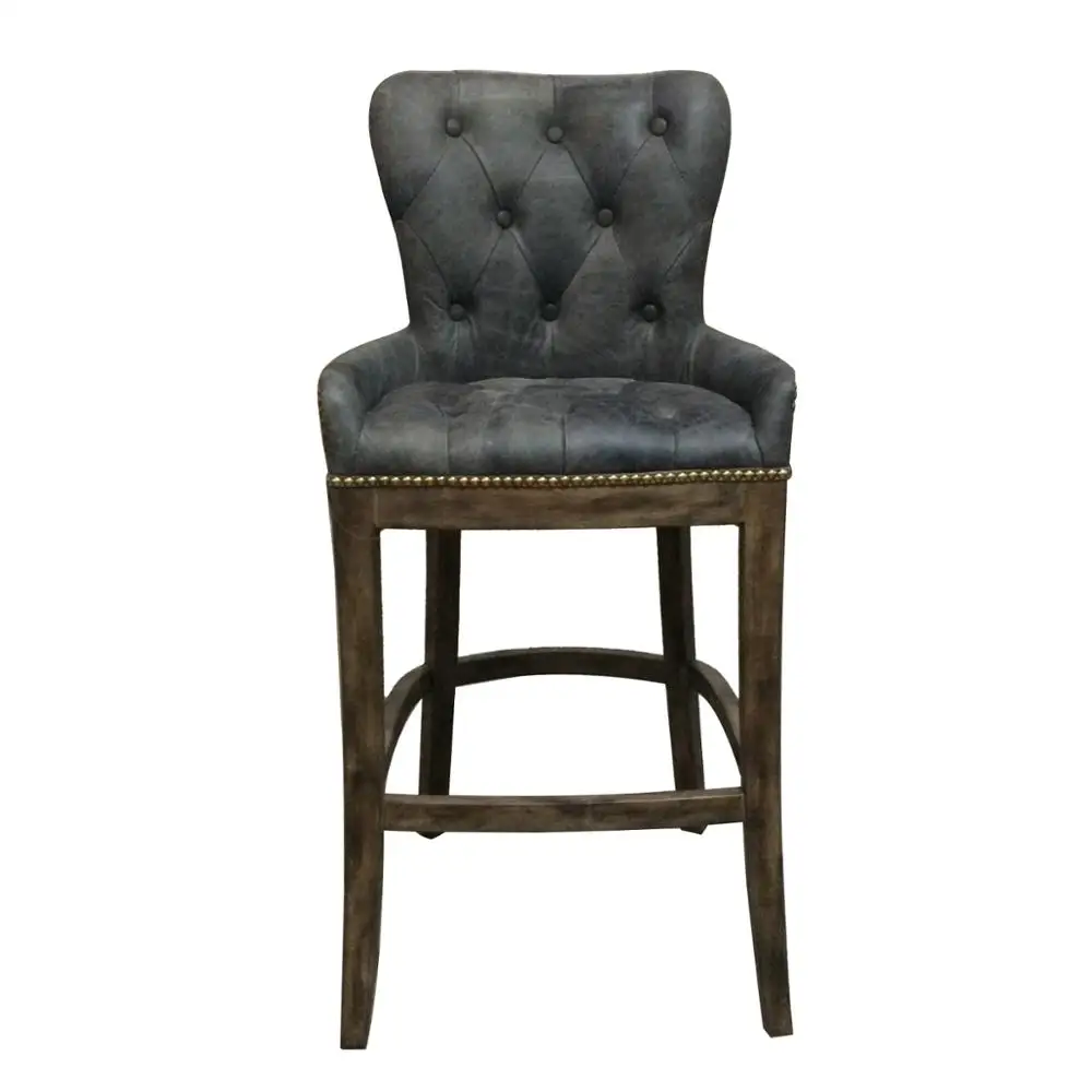 Antique Wood Chesterfield grey leather bar stools with back  Vintage Chair