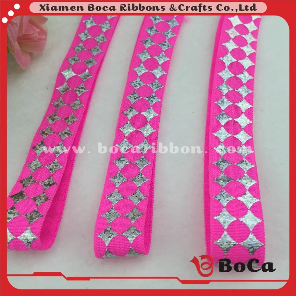 5/8 Foil Printed Fold over Elastic Ribbon For Hair Ties Headbands christmas decoration