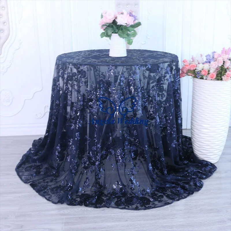 CL090C New design  beautiful 2019 gliter embroidery pattern floral sequin lace silver round or rectangle table cloth