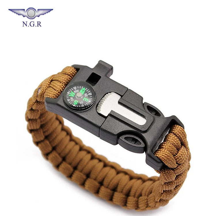Factory hot selling 550 survival bracelet with compass flint fire starter whistle and tactical gear for outdoor survival