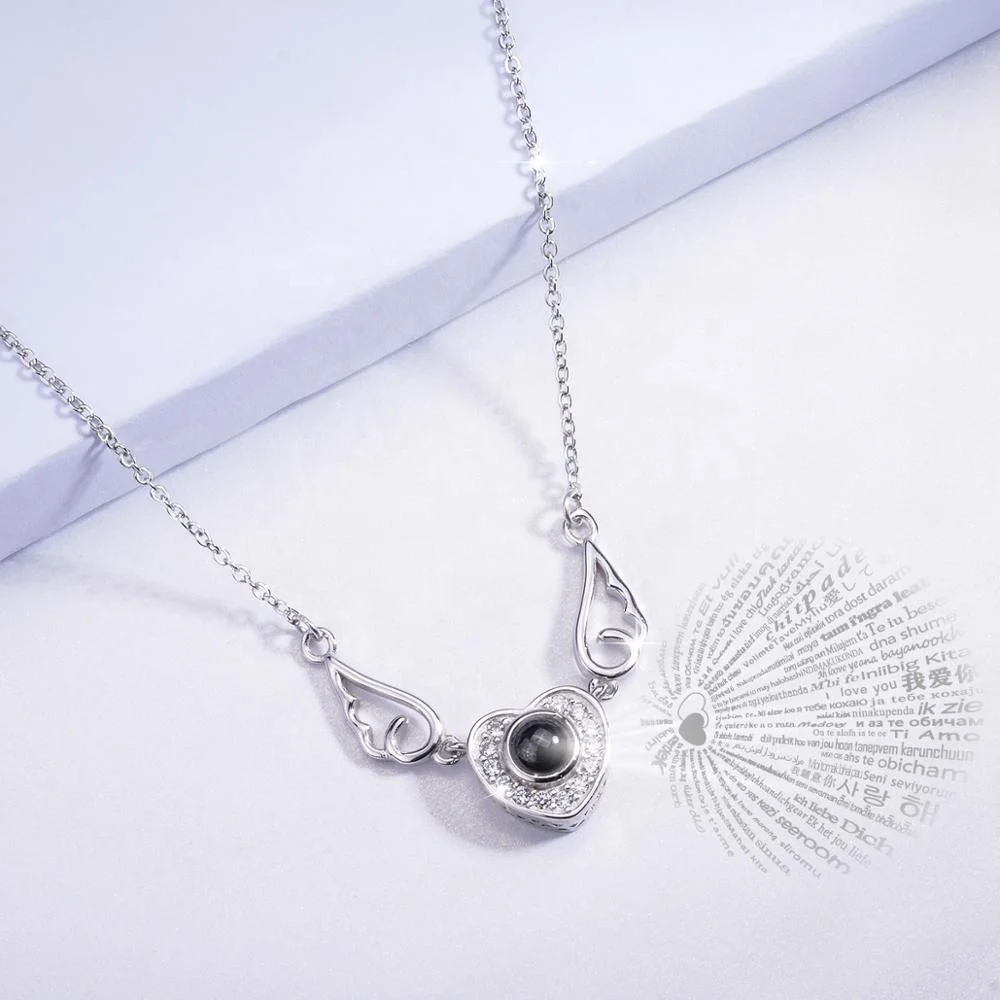 925 Sterling Silver angel wing heart Memory of love 100 Languages Nanotechnology necklace
