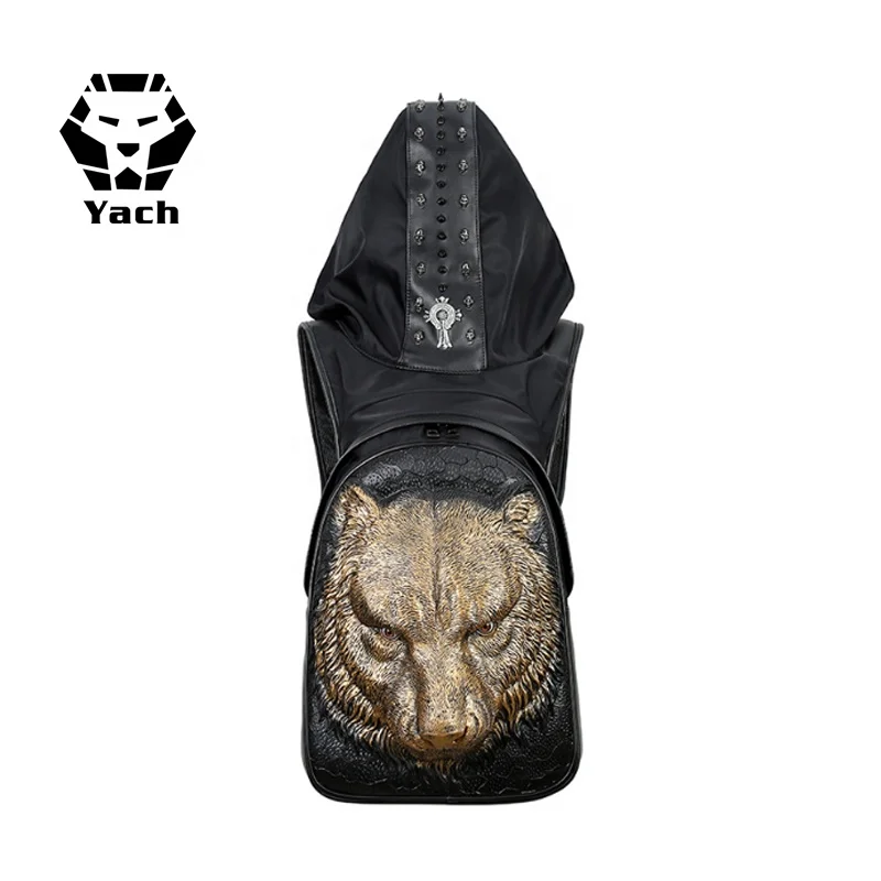 
Personality PU Fashion Animal Back pack Men Waterproof Silicone Schoolbag Stereo Tiger Head 3D silicone backpack with Hood cap 