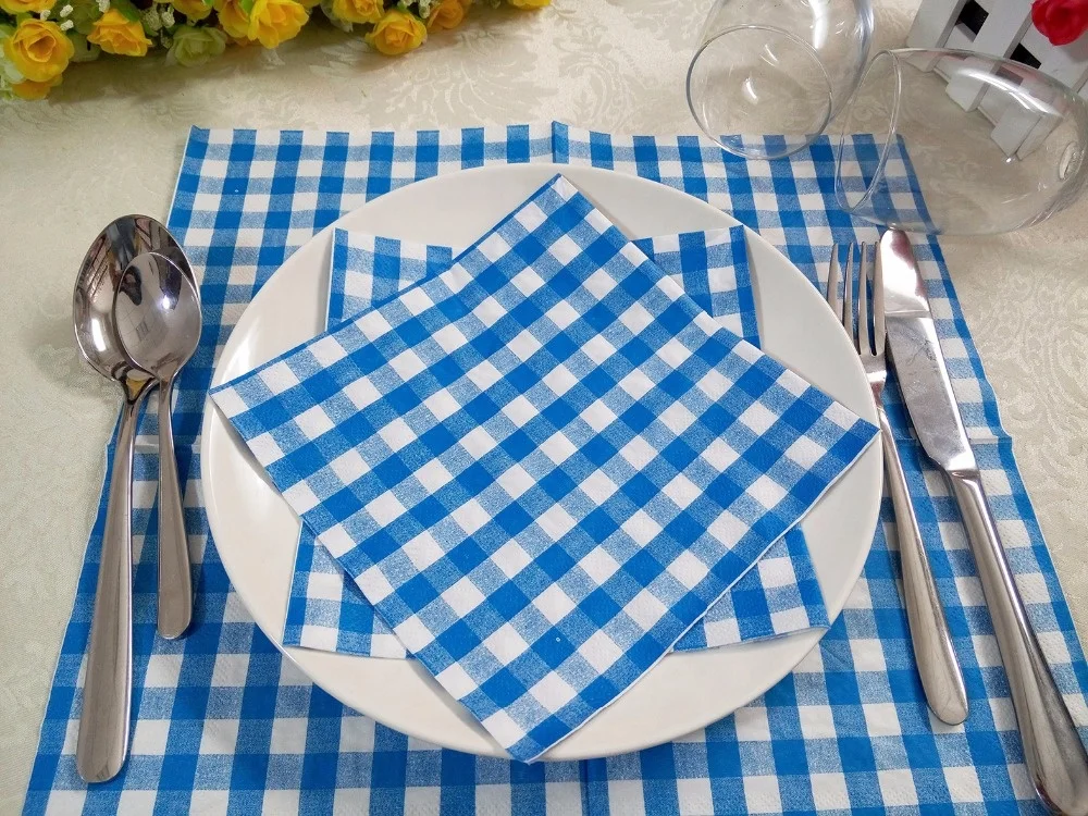 Factory Blue Red Yellow Green Grid Printed Dinner Paper Napkins 2Ply 3Ply For Wedding Party Use