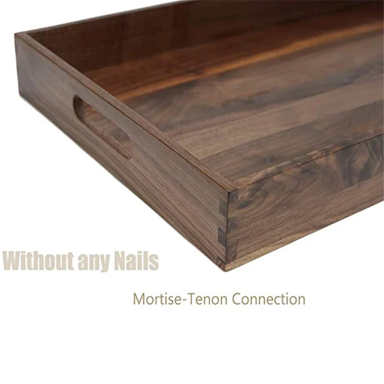 Large dark walnut wooden ottoman serving tray with handle