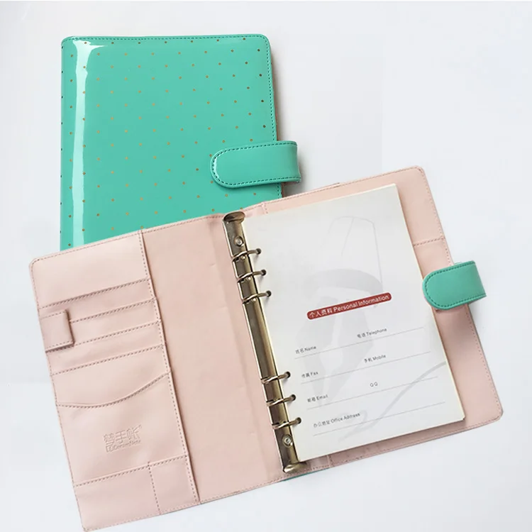 Shiny PVC leather custom binder planner with dot printing, 6 holes ring binder dotted day planner wholesale