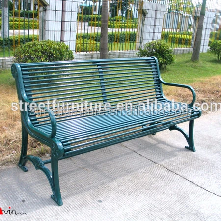 Metal outdoor bench for public park with cast iron bench legs