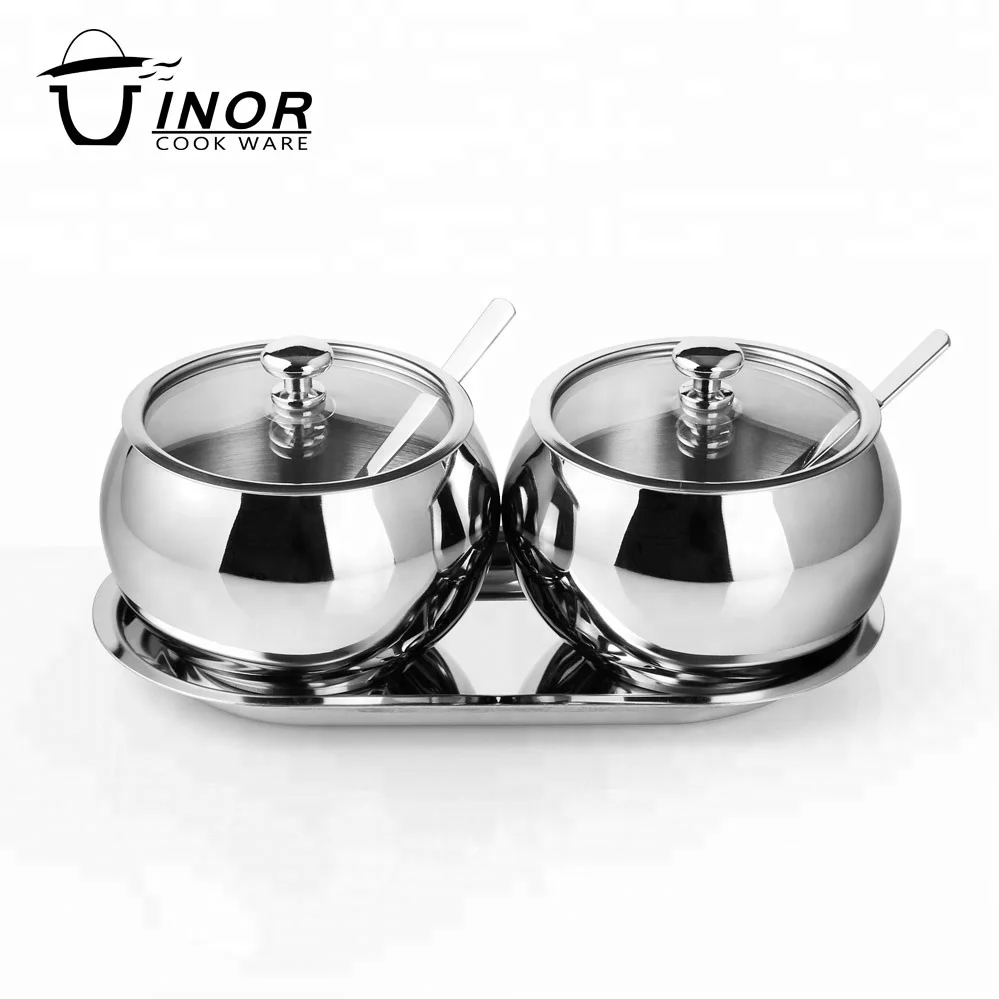 Chaozhou sugar bowl stainless steel coffee tea canister with glass lid