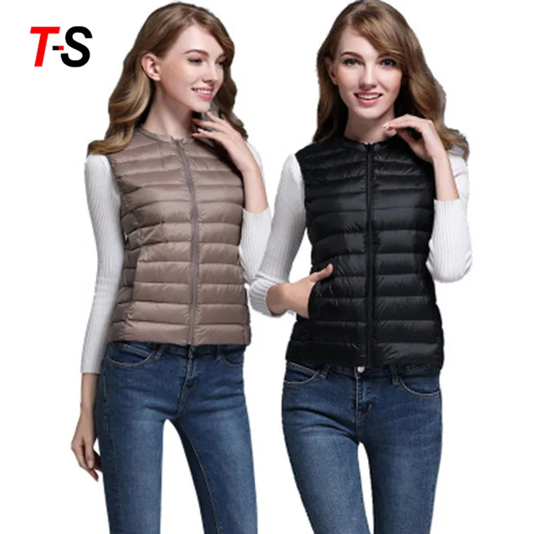 Custom waterproof stand collar short light down packable vest jacket for women