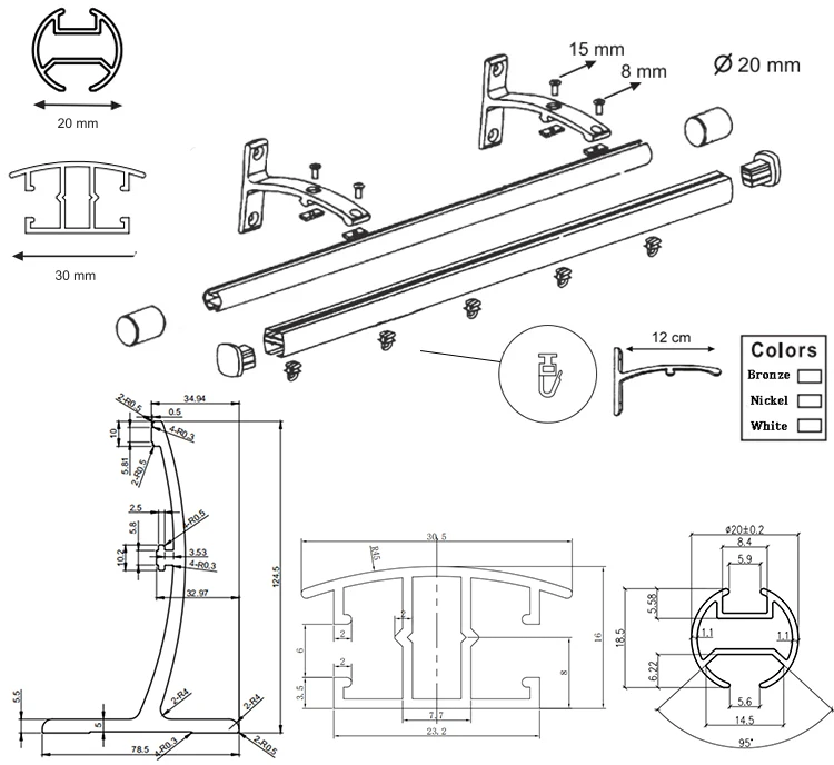 European aluminum extrusion shower curtain rod curtain track with screws and pulleys